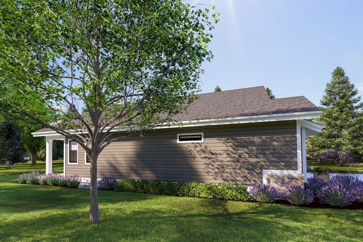 House plan exterior, one story with vinyl siding, covered porch, and gable rooflines.