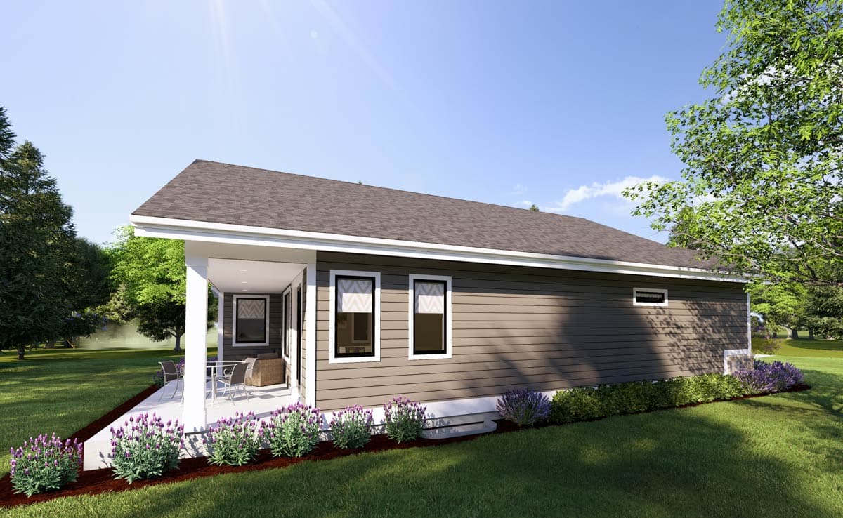 House plan exterior: Ranch-style, single-story home with covered porch, horizontal siding, and hip roof.