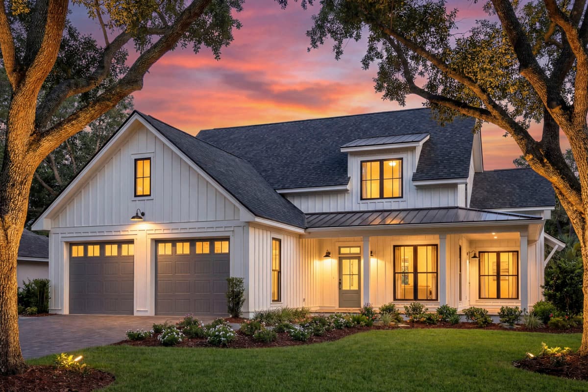 House plan exterior. Two-story Modern Farmhouse with gables, dormers, and a covered porch. Features a three-car garage and vertical siding.