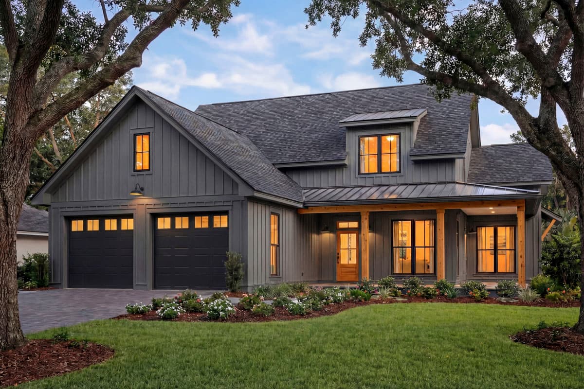 Modern Farmhouse house plan exterior with board-and-batten siding, dormer, and attached three-car garage.