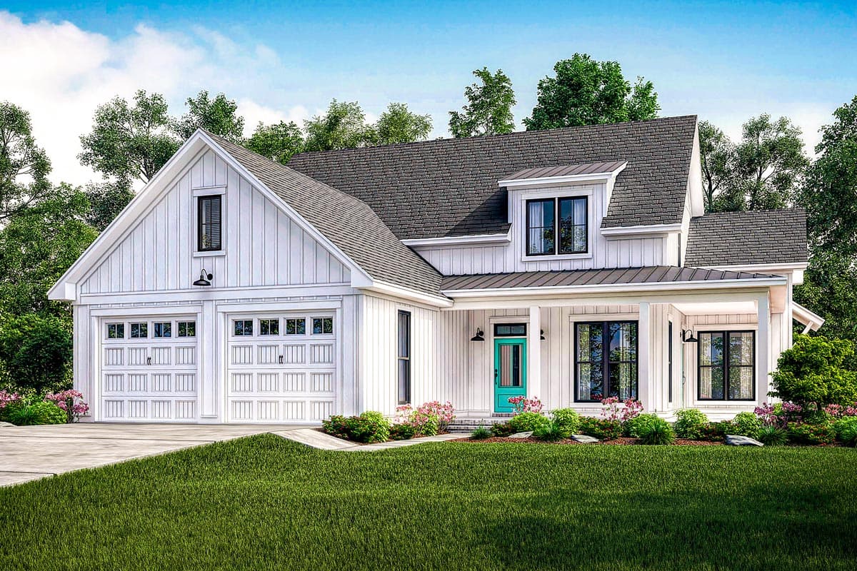 Modern Farmhouse house plan exterior with white vertical siding, a covered front porch, dormer windows, and a three-car garage.