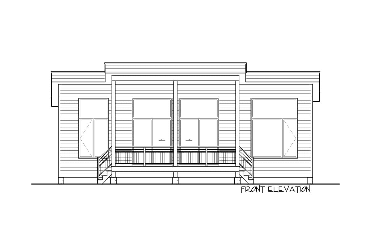 Front elevation drawing of a house plan with horizontal siding, multiple windows, and a railing.