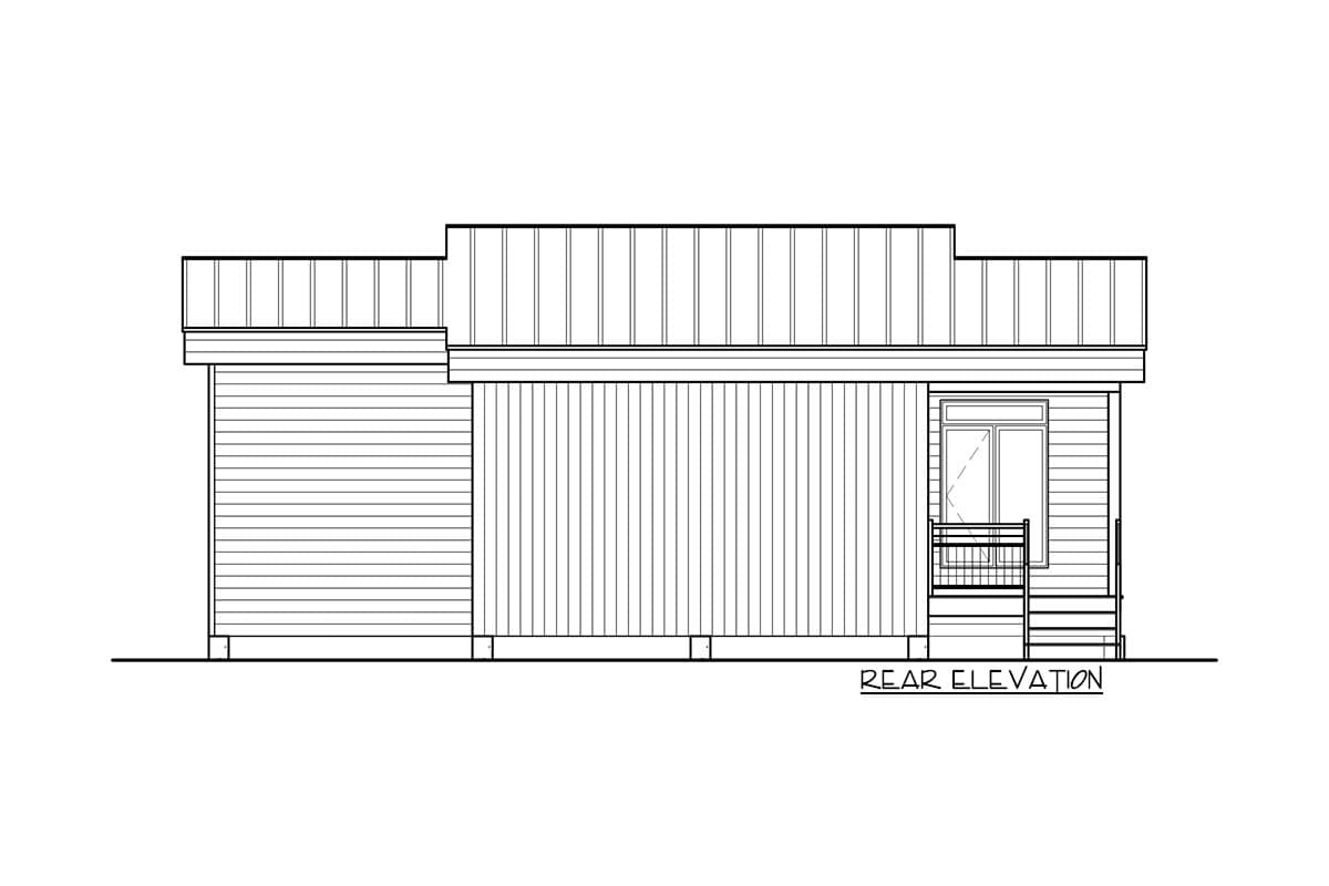 Rear elevation drawing of a house plan with horizontal siding, vertical siding, a metal roof, and a small covered porch with stairs.