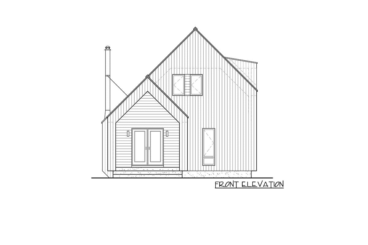 Front elevation drawing of a modern house with gabled roof, double doors, and a chimney.