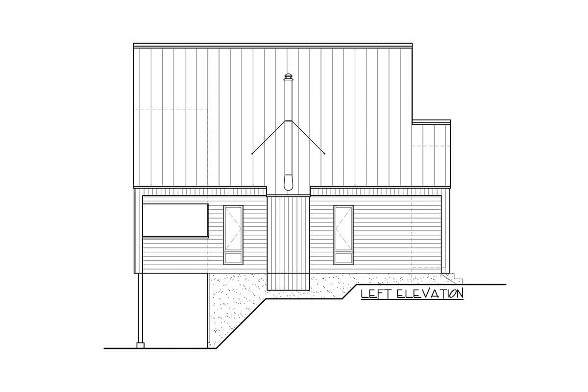 Left elevation house plan drawing showing a metal roof, horizontal siding, chimney, and two windows.