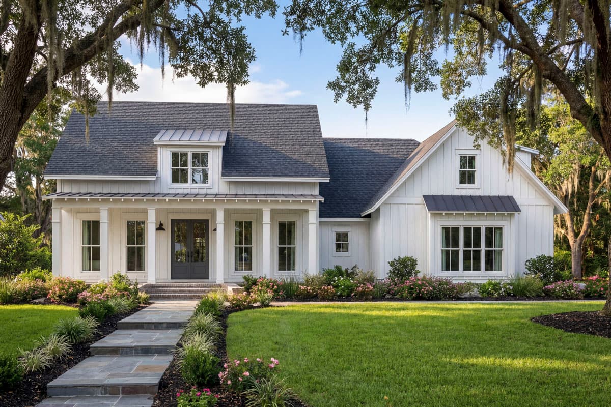House plan exterior. Modern Farmhouse style with two stories, a front porch with columns, gables, and dormers. Dark roof and white siding.