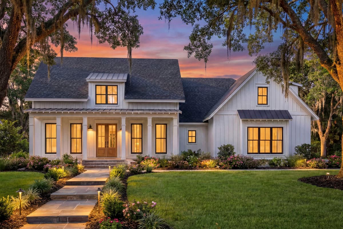 House plan exterior: Modern Farmhouse style, two stories, covered porch with columns, board and batten siding, and gables.