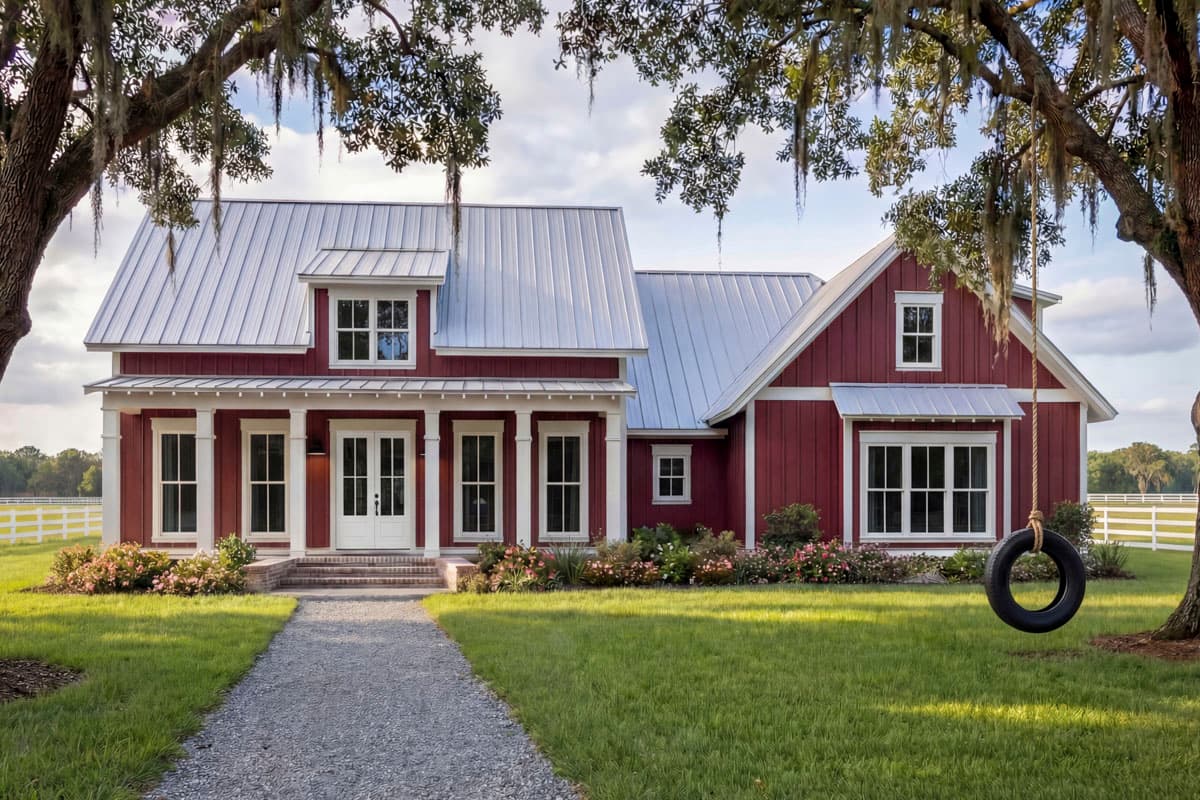 Modern Farmhouse exterior with a covered front porch, metal roof, dormer, and board and batten siding.