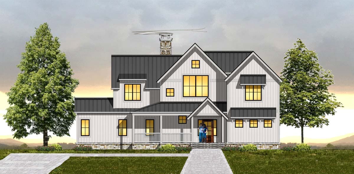 House plan exterior. Modern farmhouse style with gabled roof, covered porch, dormers, and stone accents. Features dark roof and light siding.