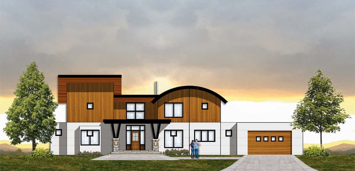 House plan exterior. Two-story Modern house with a curved roofline, wood siding accents, and a front-entry porch.