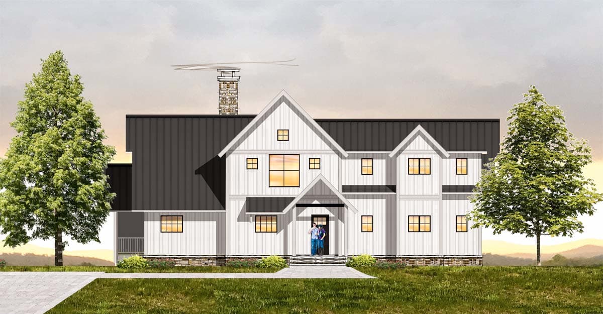 House plan exterior rendering. Two-story Modern Farmhouse with gabled roof, prominent entryway gable, and dark metal roof. Features stone foundation.