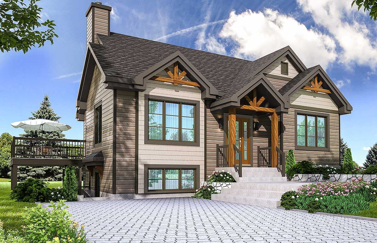 House plan exterior with Craftsman style. Features include gables, a covered entry porch with timber supports, and a deck with an outdoor dining area.