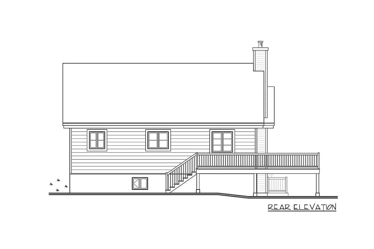 Rear elevation house plan showing siding, windows, chimney, deck, and stairs to basement.