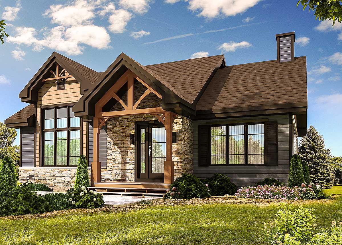 House plan exterior. Craftsman style with a single story, gable roof, stone facade, and covered porch with exposed beams.