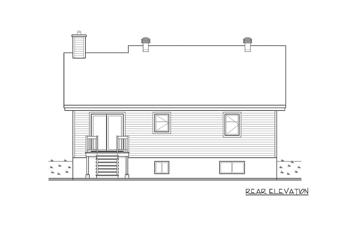 Rear elevation drawing of a house plan showing a sliding glass door with stairs, two upper windows, and two lower windows.