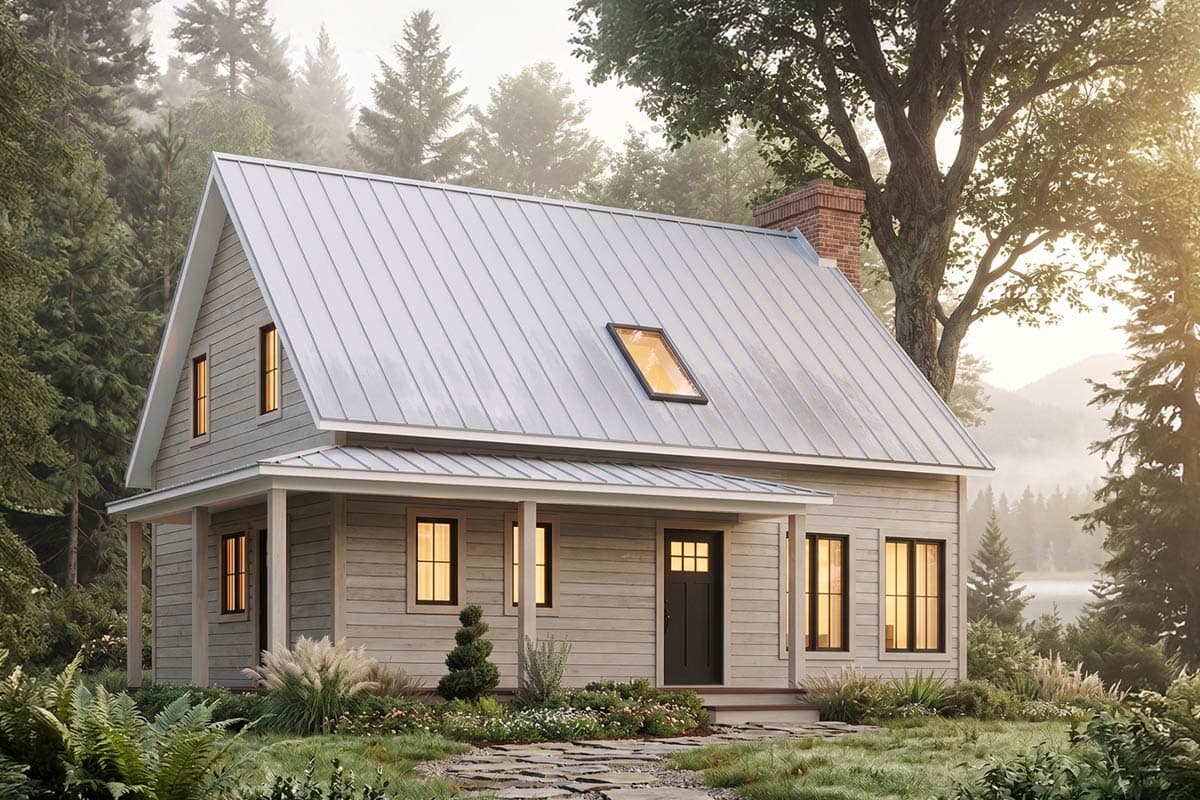 House plan exterior with two stories. Features include a front porch, gabled roof, and a skylight. Exterior has a simple, modern design.