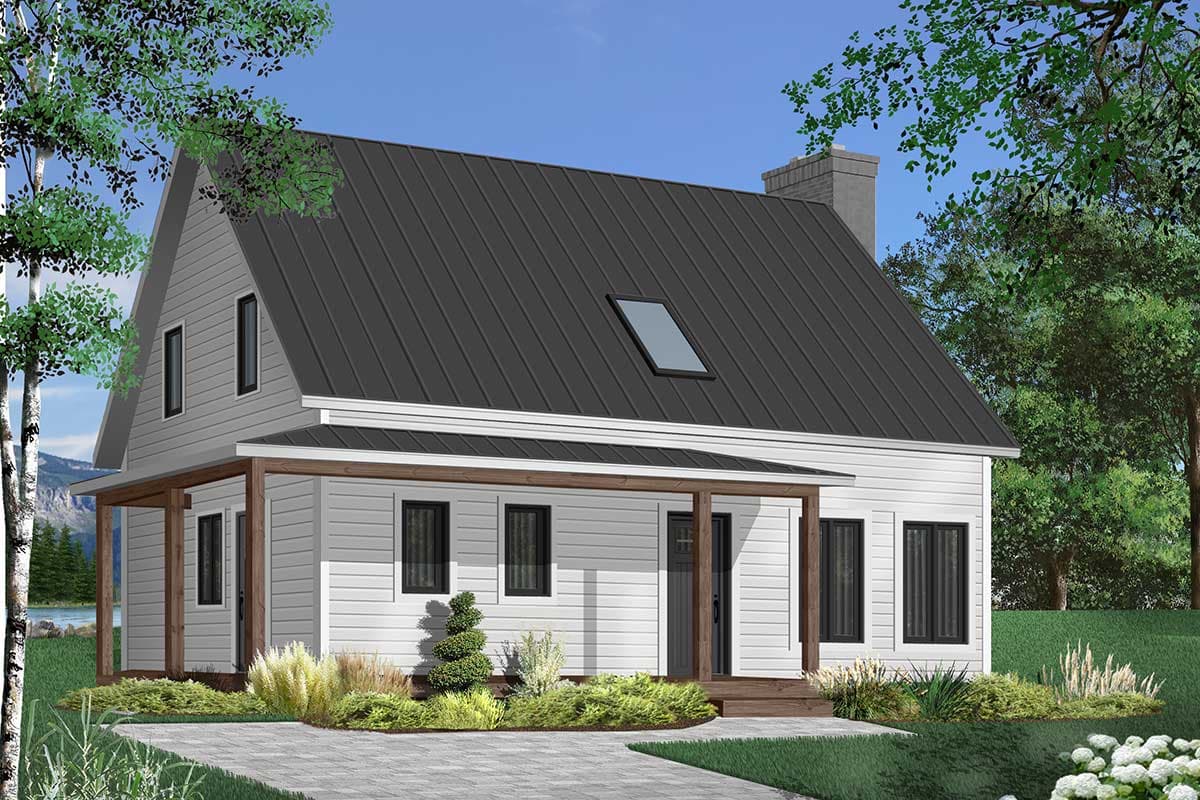 House plan exterior with two stories. Features include a front porch, gabled roof, and a skylight. Exterior has a simple, modern design.