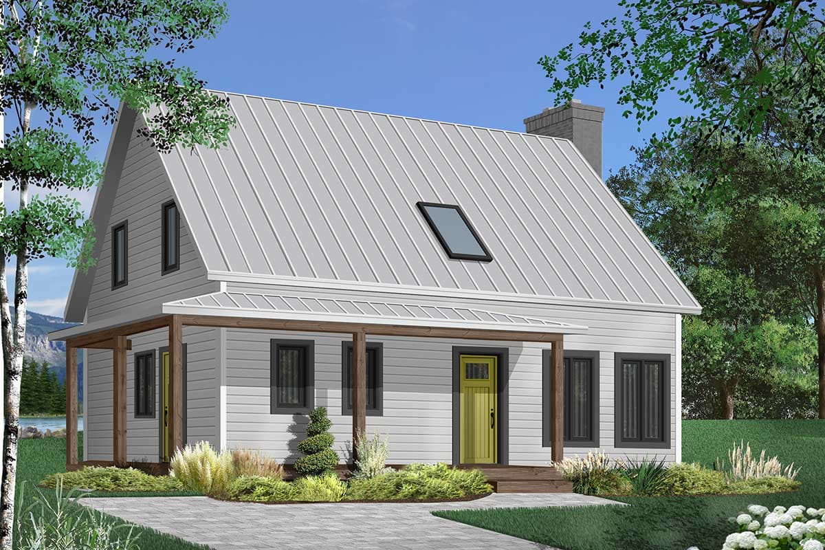 House plan exterior for a two-story Modern Farmhouse with a metal gable roof, dormer, and front porch.