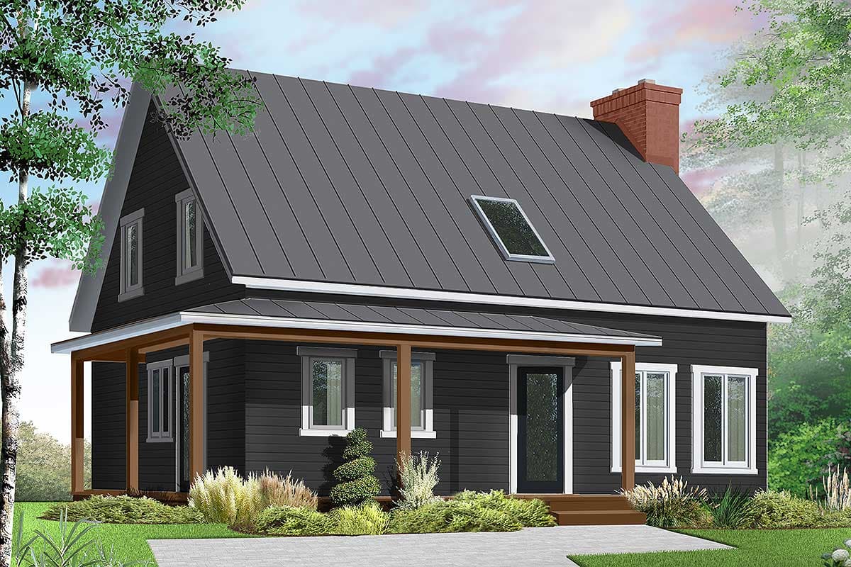 House plan exterior of a two-story A-frame home with a dark metal roof, prominent gable, dormer window, and covered porch.