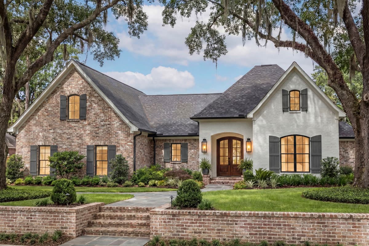 House plan exterior. Two-story home with brick and painted brick facade, multiple gables, and dark shutters. Entry features double doors.