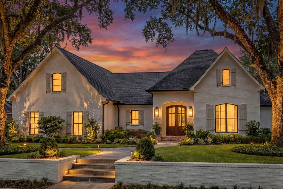 House plan exterior with white brick facade, arched entry, gabled dormers, and pitched rooflines.