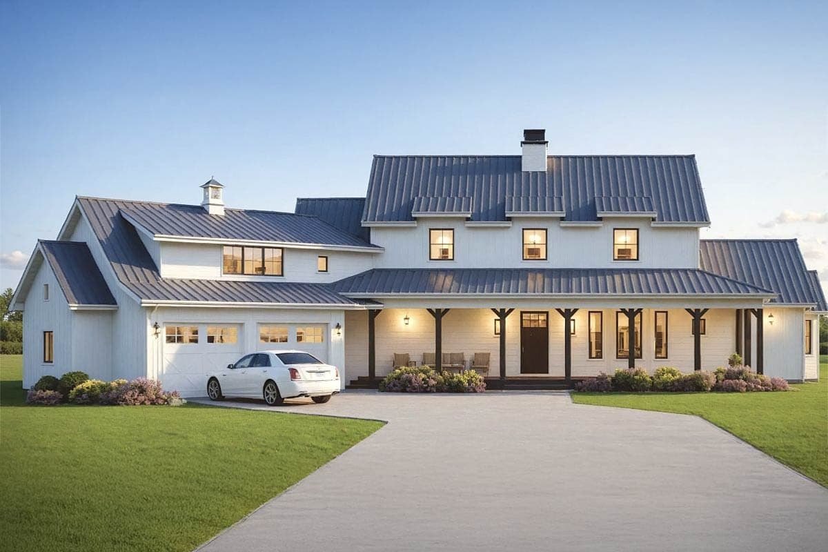 House plan exterior: Two-story Modern Farmhouse with a covered front porch, gable rooflines, and attached garage. Includes a metal roof.