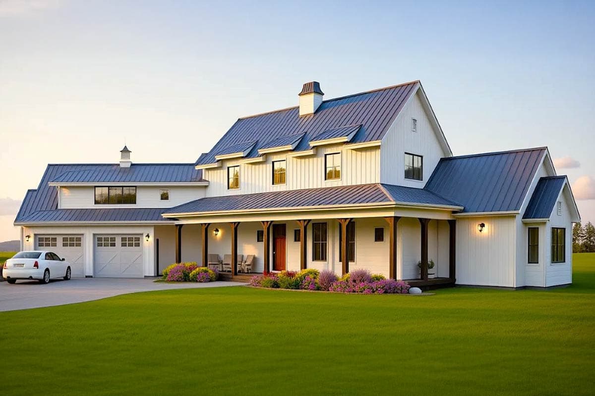 Modern farmhouse house plan exterior with wraparound porch, three-car garage, and metal roof.