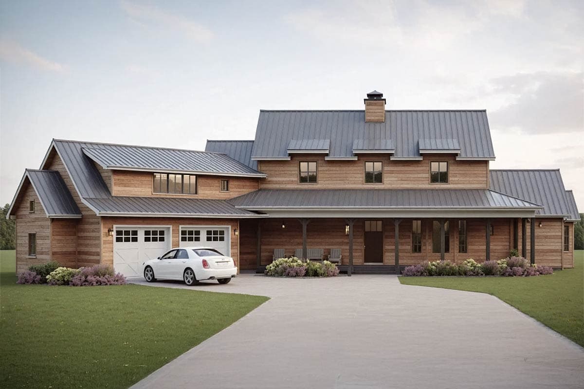 Modern Farmhouse house plan exterior with wood siding, metal roof, wraparound porch, and a three-car garage.