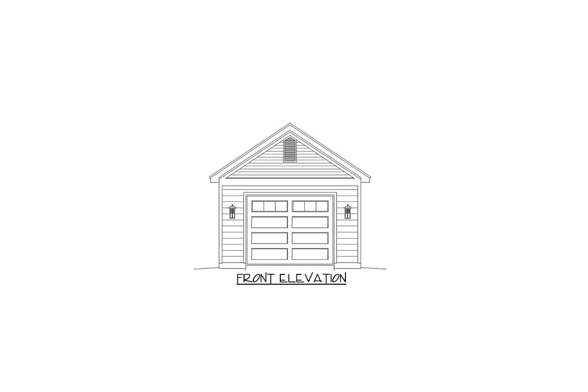 Front elevation drawing of a one-story garage with a gable roof, horizontal siding, a two-section garage door, and two wall lanterns.