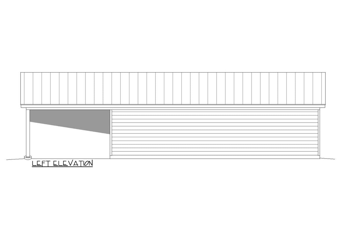 Left elevation drawing of a house plan featuring horizontal siding and a standing seam metal roof with a covered porch.
