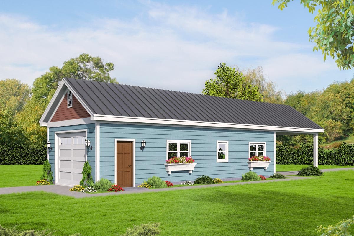 House plan exterior with blue siding, a single-car garage, gable detail, and covered porch area with a dark metal roof.