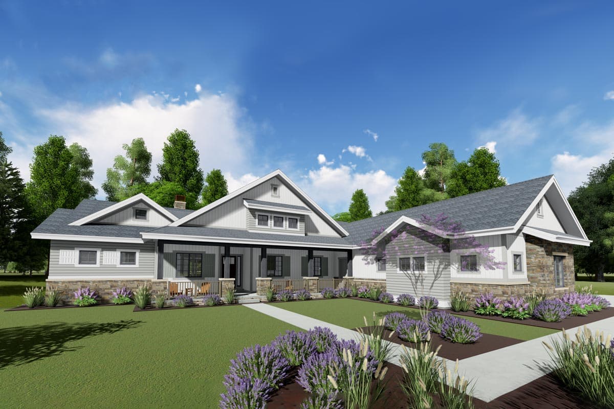 House plan exterior featuring a Craftsman style, single story, covered porch, multiple gables, and stone accents.