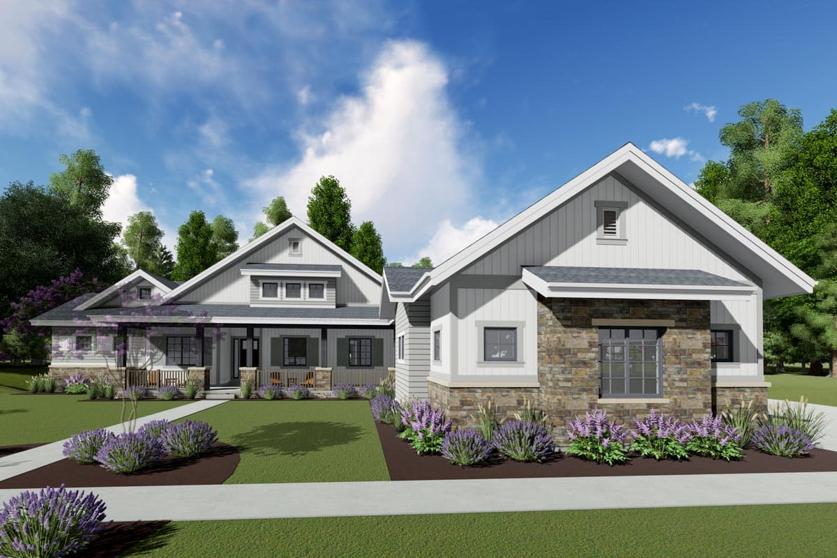 Modern Farmhouse house plan exterior with stone accents, a wide covered porch, and multiple gables.