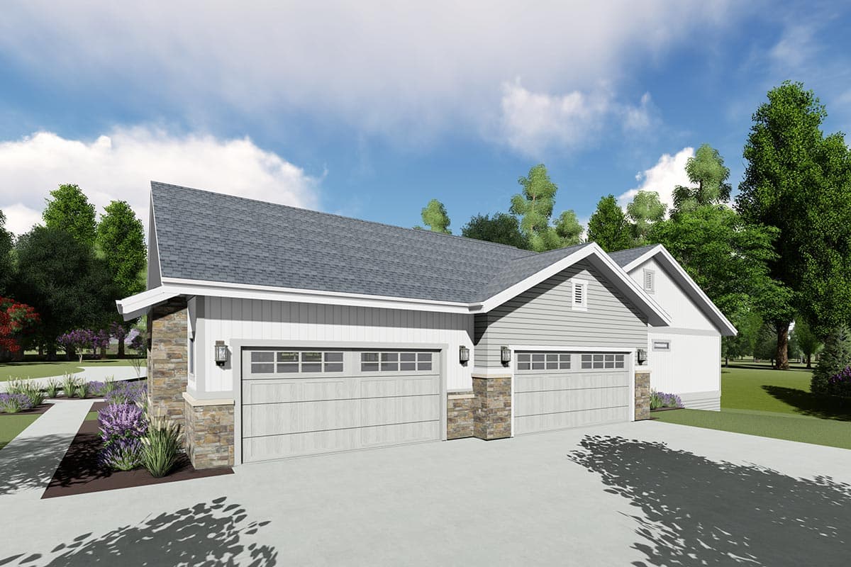 House plan exterior, one story, modern farmhouse style with stone accents, three-car garage, and prominent gables.