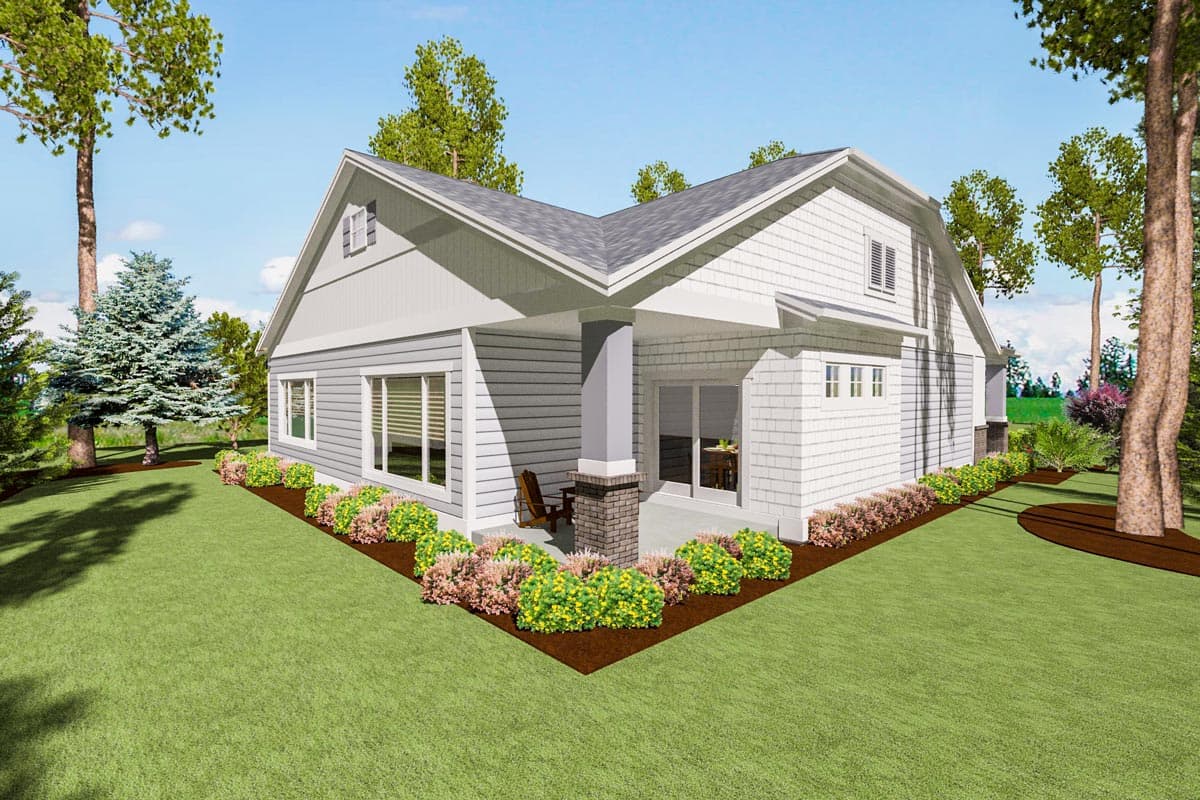 House plan exterior: Modern Farmhouse style, one story, with a covered front porch, gables, and double dormer detail.