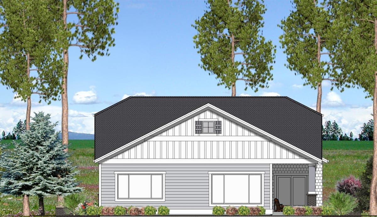 House plan exterior, single-story dwelling with gable roof, large front windows, and a small covered porch with brick accents.