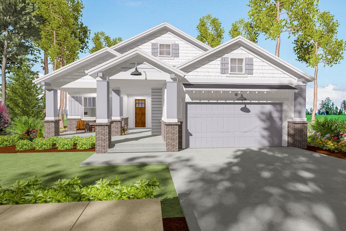 House plan exterior with Craftsman style, single story, front porch with columns, gables, and attached garage.