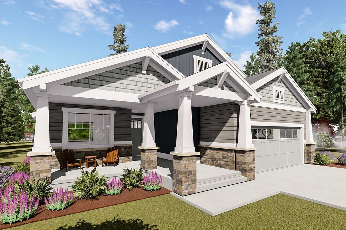 Craftsman style house plan exterior with covered porch, stone accents, prominent gables, and a two-car garage.