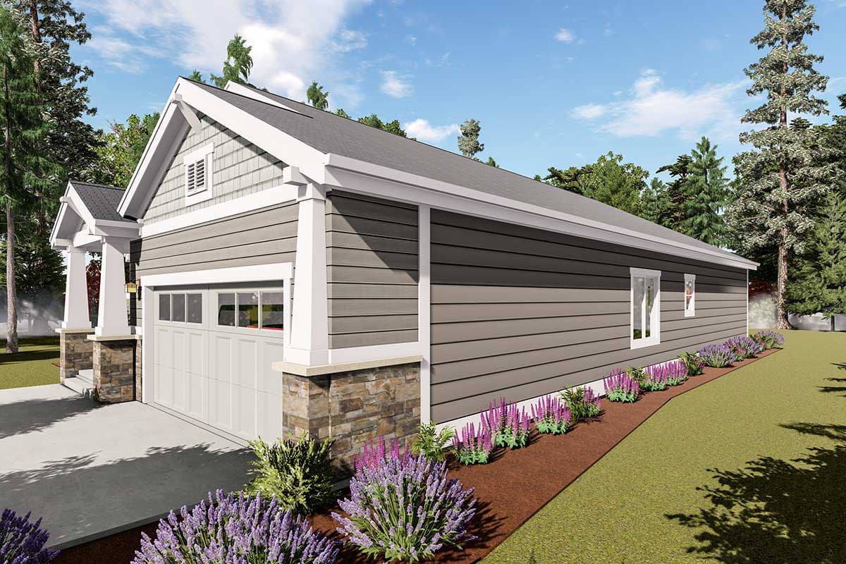 House plan exterior showing a one-story dwelling with a side-entry garage, stacked stone accents, and a prominent gable.