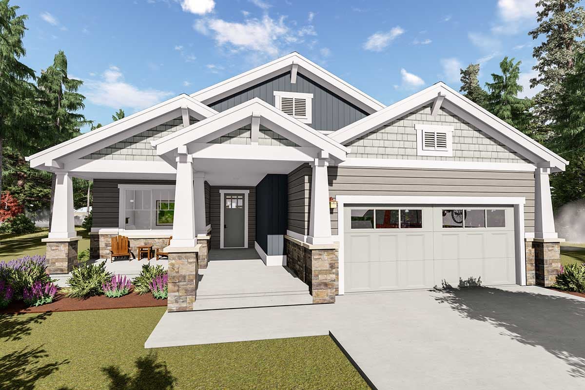 Craftsman-style house plan exterior. Features include a covered porch, gable rooflines, stone accents, and an attached garage.
