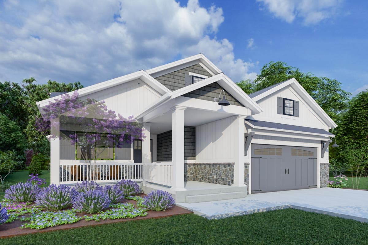 House plan exterior: Modern Farmhouse style, one story, with a covered front porch, gabled rooflines, and a two-car garage.