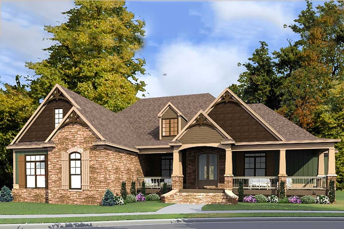 House plan exterior with stone veneer, gabled roof, and covered porch. Features multiple gables and dormer windows. One-story structure.