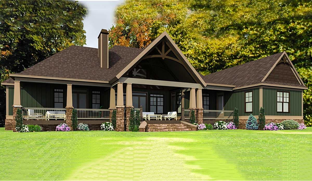 House plan exterior view of a one-story home with a wraparound porch, stone accents, and a prominent gable with exposed beams.
