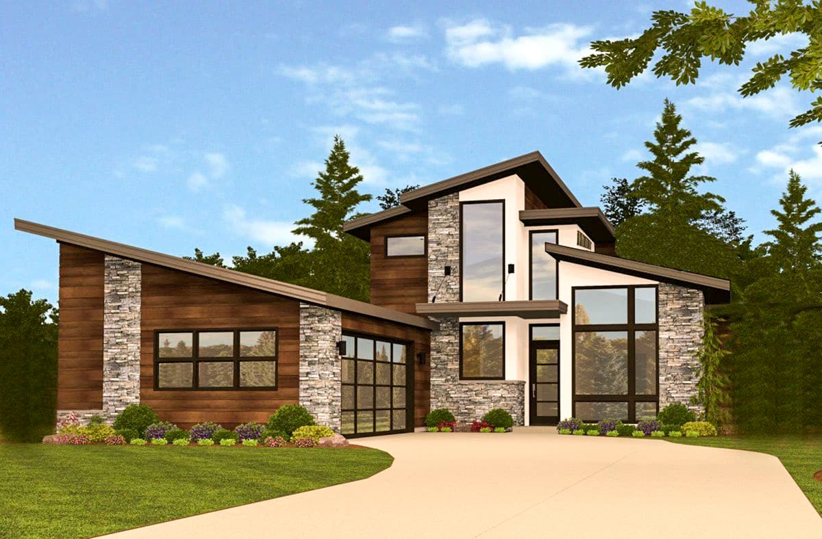 Modern house plan exterior with wood siding, stone accents, large windows, and a sloped roofline.