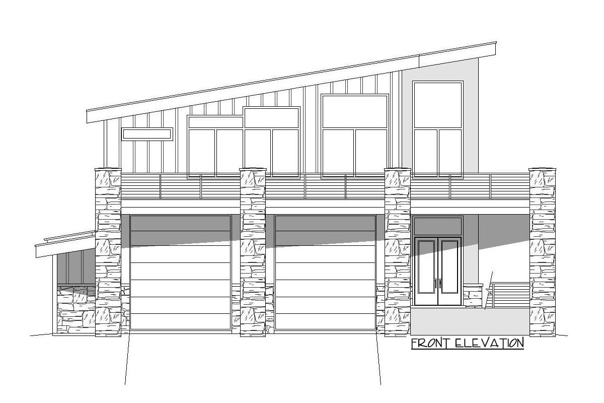 Front elevation drawing of a modern house plan featuring a sloped roof, large windows, three garage doors, and stone accents.