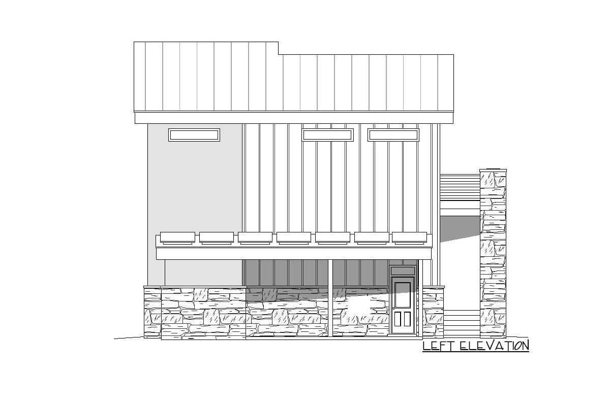 Left elevation house plan with stone foundation, covered porch, and vertical siding.