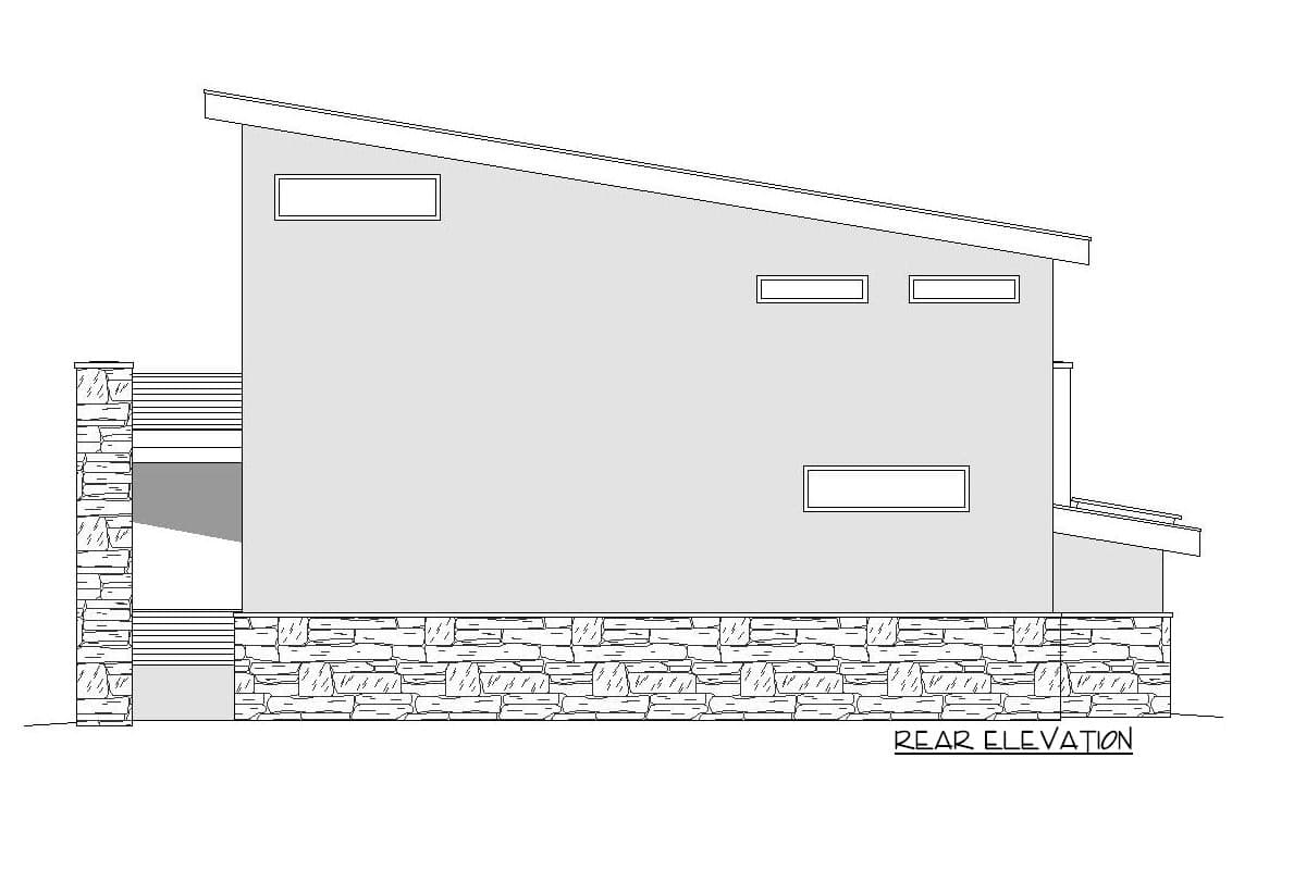 Rear elevation of a house plan with a sloped roof, stone foundation, horizontal siding, and narrow windows.