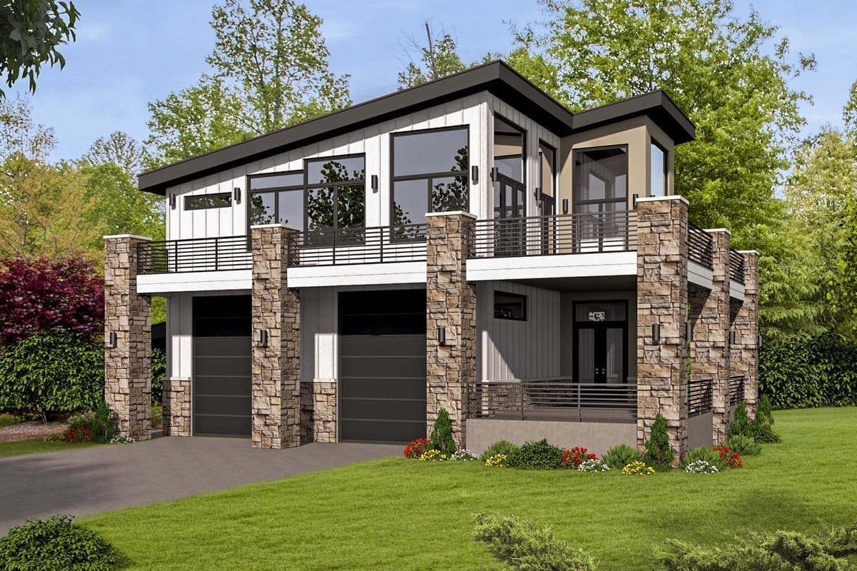 House plan exterior with two stories. Modern style with flat roof, stone columns, balcony with black railing, and garage doors.