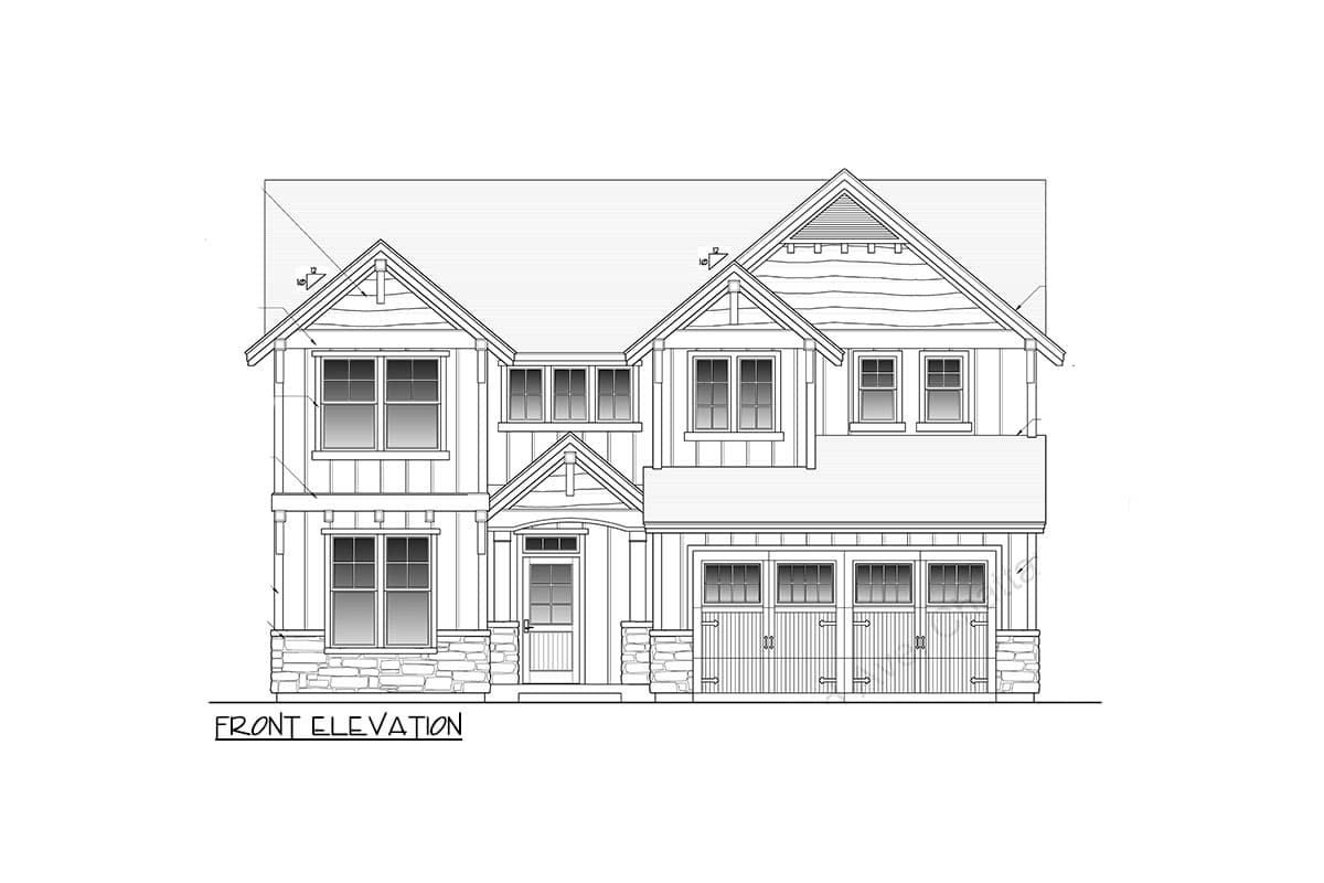 Front elevation of a two-story house plan with multiple gables, stone accents, and a three-car garage.