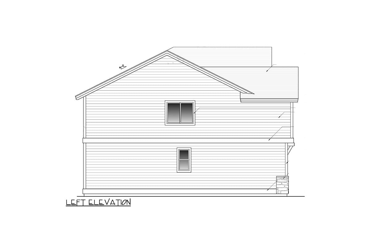 Left elevation drawing of a two-story house plan with horizontal siding, gabled roof, and two windows.